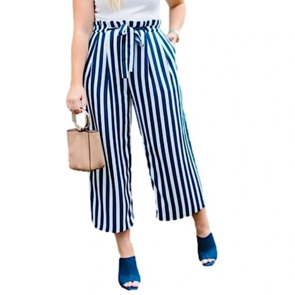 Zara Culottes Trouser Pants blue & white stripes with pockets M - Picture 6 of 12